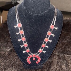 Faux Navajo Pearl and Coral Red Squash Blossom Statement Necklace